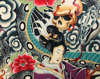 Fabric, Zen Charmer, Geisha Skulls Snake, Alexander Henry, Japanese Tattoo, By the Yard