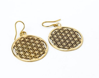 Brass Flower of Life Earrings, Sacred Geometry Earrings, handmade, nickel Free, Yoga Jewellery, Gift boxed,Free UK post BG2