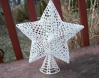 Vintage Beautiful White with Glitter Crocheted Christmas Tree Topper Star Sparkling