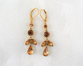 Beautiful Brown Rhinestones Lever Back Gold Tone Earrings