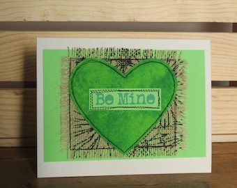 Quilted Burlap Valentine Card, Handmade Burlap Card, Mixed Media Card