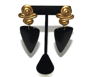 Vintage Large Black and Gold Swirl and Triangle Dangle Earrings Costume Jewelry from 80s-90s