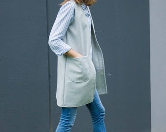 Women's wool vest, Grey wool vest, Long vest, Vest with pockets, Casual vest, Comfortable vest, Winter vest