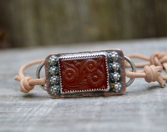 Sterling Copper Bracelet. Boho. Antique Glass . Leather . Glass . Wedding Gift .Bracelet. Boho .