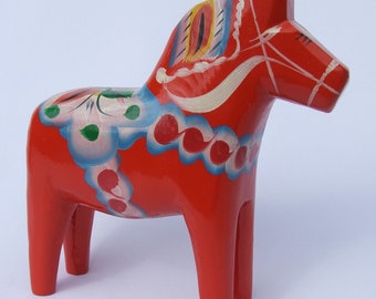 Vintage Swedish Dala Horse Nils Olsson Circa 1970's Hand Carved and Hand Painted Wood Scandinavian Folk Art