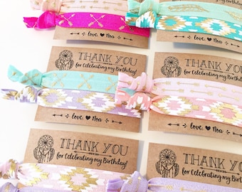 Dreamcatcher Boho Birthday Party Hair Tie Favors | Pastel Feather, Arrow + Tribal Hair Tie Favors, Bohemian Birthday Party Hair Tie Favors