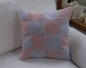 Quilted Ticking Pillow Handmade Patchwork Pillow Nautical Pillow Beach Cottage Decor Red White Blue Ticking Decorative Pillow