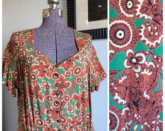 1940s Voluptuous Rayon Novelty Print Dress Swing Era