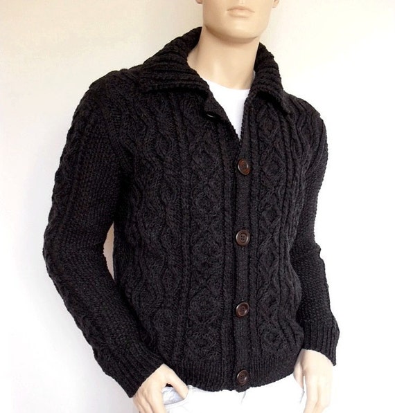 Men Sweater Hand Knit Cable Cardigan Merino wool Aran Knit