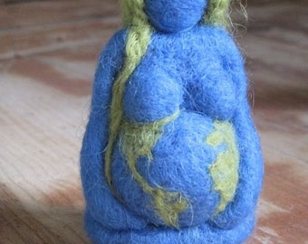 Mother Earth, Needle felted Gaia, Pregnant Mama, Maternity gift, blue green 3 inch, Original design by Borbala Arvai, Made to order