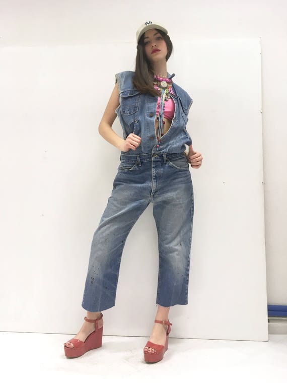 Women's Denim LOLA DARLING Jumpsuit Vintage Recovered Jeans Recycled Jumpsuit Lee Jeans + Wrangler Jacket Authentic Fading Limited Edition
