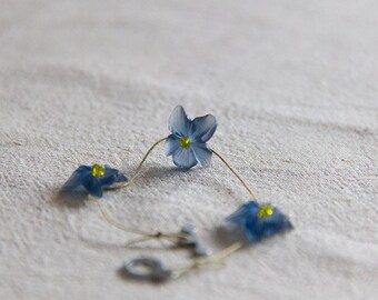 three blue pansies, nature fairy floral bracelet in vintage lucite, glass, cotton and metal