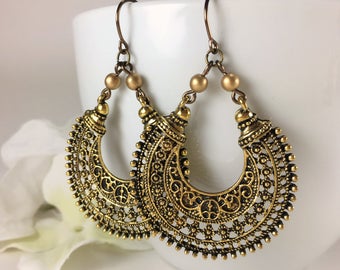 Antique Gold Hoop Earrings Large Filigree Hoop Tribal Earrings Boho Gypsy Ethnic Earrings Large Statement Earring Bohemian Jewelry Gold Loop