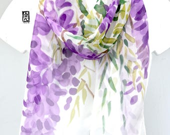 Hand painted silk scarf, Japan Scarf, Chiffon Scarf, Purple Silk Scarf, Unqiue Gift, Purple Wisteria Scarf, Silk Takuyo, Made to order