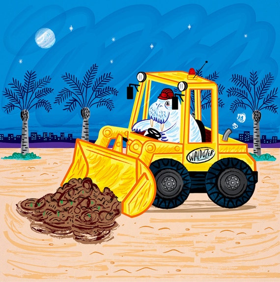 WALDOZER - childrens animal art - Walrus and Bulldozer - poster print by Oliver Lake - iOTA iLLUSTRATiON