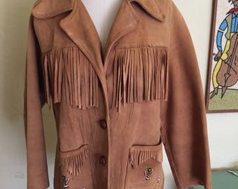 1950s Pioneer Wear Buckskin fringe Jacket with bead work size L