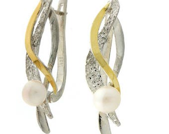 Silver and Gold Earrings, Pearl Earrings, Sterling Silver Earrings, Silver Jewelry