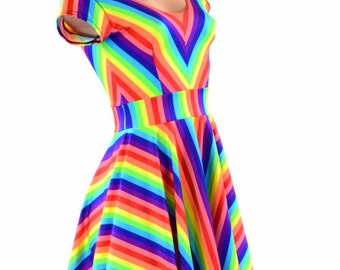 Rainbow Stripe Darted Cap Sleeve Fit and Flare Skater Dress 151388