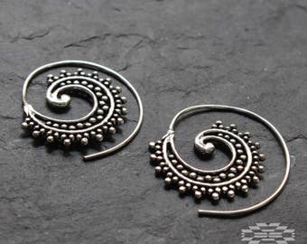 Silver tone Spiral, silver earrings, tribal jewelry, ethnic earrings, gypsy earrings, indian earrings, boho jewelry