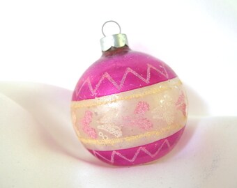 Vintage Fuchsia and Silver Christmas Ornament with Pink and Yellow Mica Hearts, USA Ornament
