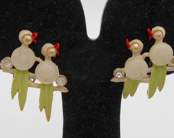 Vintage Japan Celluloid & Mother of Pearl Bird Figural Clip Earrings