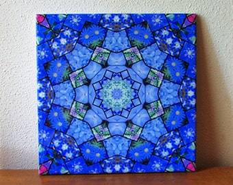 Garden mosaic mandala ceramic tile, blue tones, floral trivet, garden flowers photo kaleidoscope, mother's day gift, decorative tile 1754