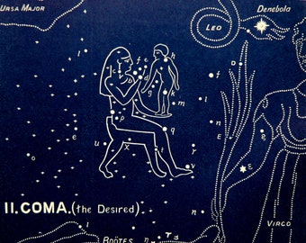 1911 Antique print of STARS. CONSTELLATIONS. COMA. Astronomy print. Zodiacal Constellations. Zodiac. 117 years old celestial chart