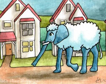 Woolly Elephant Walking Houses Neighbourhood miniature art ATC Gift Art Trading Card Whimsical - Original ART ACEO Watercolor - Katie Hone