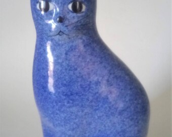 Large 10" Blue Porcelain Ceramic Cat Figurine