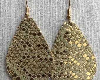 Tan & Gold Snakeskin Pattern - Leather Teardrop Earrings