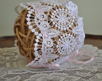Lace Baby Bonnet Off White with forest green neck ties