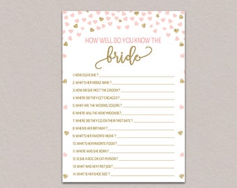 How Well Do You Know the Bride, who knows the bride best printable, blush pink and gold bridal shower game printable, Confetti Hearts B50