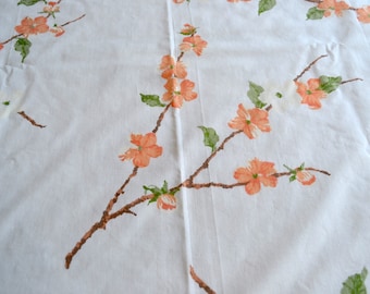 Vintage Bed Sheet - Coral and White Tree Blossoms - Twin Flat