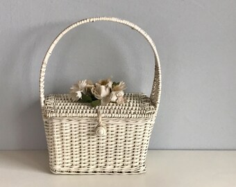 Vintage 40s Wicker Handbag / 1940s Ritter White Woven Basket Purse Bag with Flowers