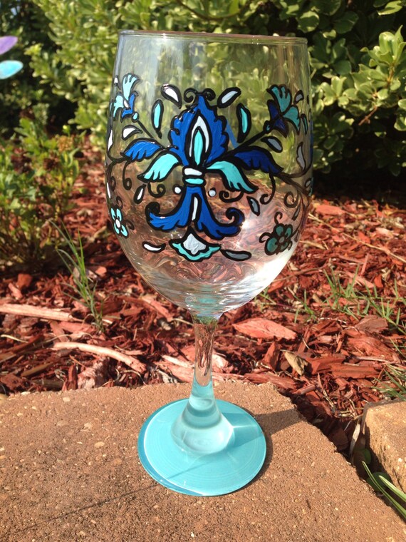 Feather Fleur de lis Wine Glass Blue french inspired fancy wineglass peacock bird feathers