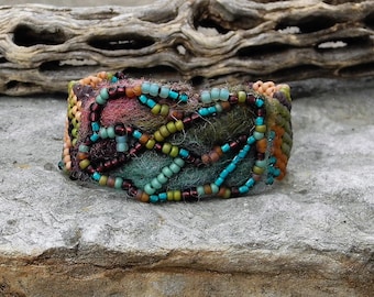 Jewelry - Free Form Peyote Stitch Beaded Bracelet - Bead Weaving - BOHO - Hand Felted and Beaded Focal