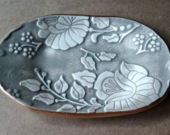 Ceramic Trinket Dish Taupe edged in gold
