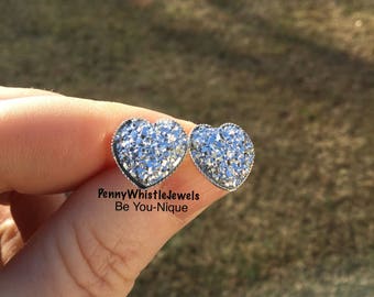 Silver Heart Earrings, Silver Druzy Heart, Silver Drusy, Bridesmaid Earrings Silver, Druzy Jewelry, Heart Stud Earrings, Valentine's Gift