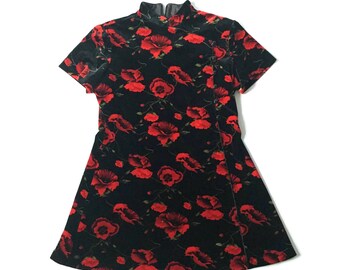 90s Velvet Rose Asian Cheongsam Mini Dress