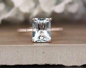 Aquamarine Emerald Cut 10x8mm Engagement Ring, Rose Gold Aquamarine and Diamond Ring, Bridal ring, 14k Rose Gold Diamond Ring, Promise Ring