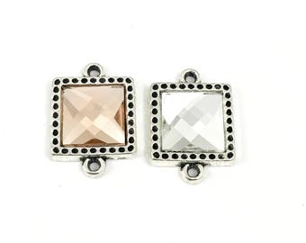 2 square connector silver tone and glass cabochon 20mm x 27mm .CON 351