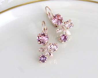 Rose gold earrings, Bridal earrings, Bridal jewelry, Blush crystal earrings, Flower earrings, Blush Wedding earrings, Swarovski earrings