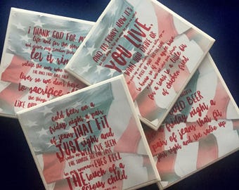 Zac Brown Band Chicken Fried lyrics on coasters-ZBB-hostess gift-birthday gifts-coasters-country music lover coasters-flag-song lyrics art