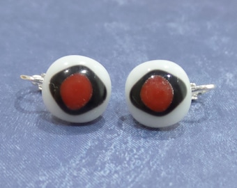 Clip On Earrings, Red White and Black, Clip On Jewelry, Post Clip Earings, Fused Glass Jewelry - Acadia --6