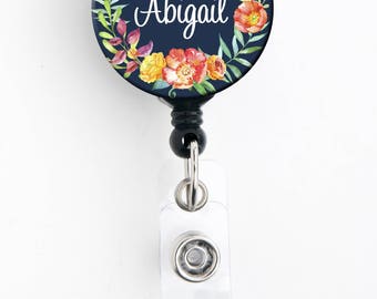 Retractable ID Badge Holder - Navy Floral Wreath - Personalized Name Badge Reel, Steth Tag, Lanyard, Carabiner Nurse Badge / Teacher Badge