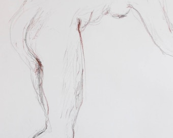 Original nude of pencil and Sanguine, modern, nude in studio, white Paper A2, signed, Nude body drawing