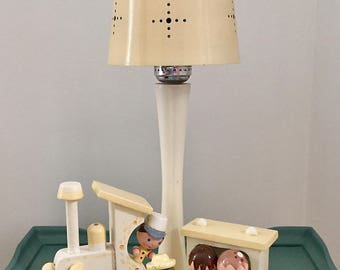 Vintage Irmi Nursery Originals choo-choo train wooden musical lamp with shade, 1960s midcentury lamp with twirling puppy music box