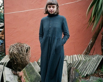 The ARTEMIS Dress: Collarless button down midweight linen with a long skirt in Soft Navy, Charcoal, Deep Green, Black and White