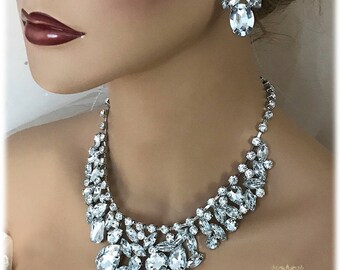 Bridal jewelry set, wedding jewelry,bridal necklace earrings, bridesmaid jewelry, Crystal bib necklace earrings,evening Ballroom jewelry set