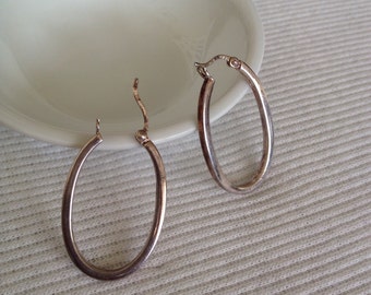 Silver 925 Genuine Sterling Vintage Thailand Hoop Earrings Elongated